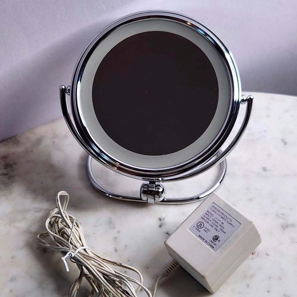 Jerdon Silver Chrome 5X Magnifying Lighted Mirror MC215 AC Adaptor GUC